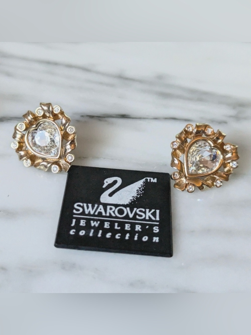 Swarovski Vintage Heart Pearl Look Earrings SAL S.A.L. Gold Plated Gold Tone